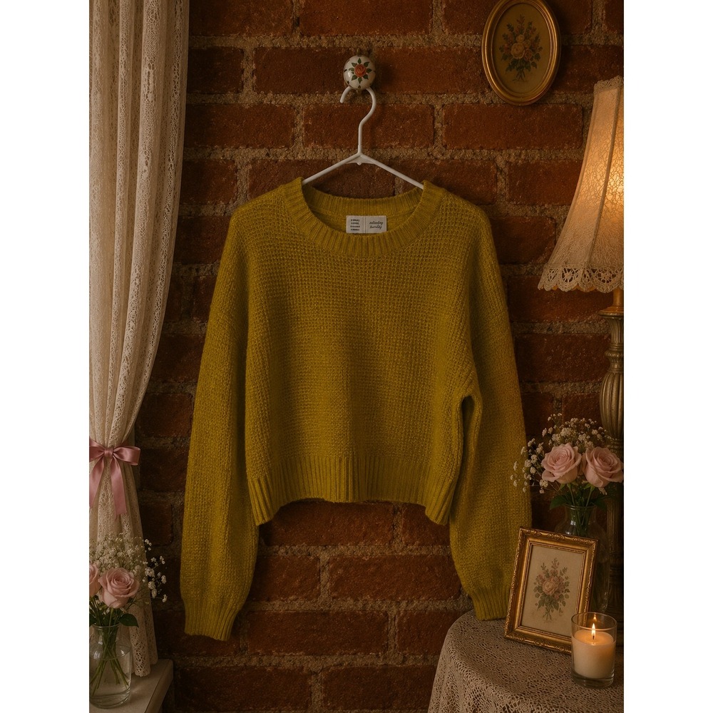 Saturday Sunday Anthropologie‎ Yellow Waffle Knit Cropped Sweater Womens M
